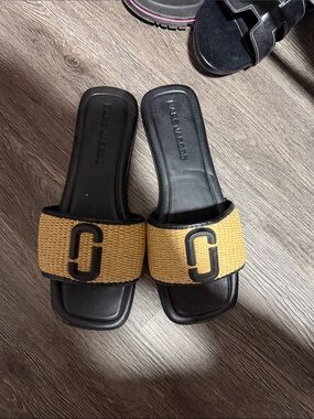 Marc Jacobs Black & Tan Woven-strap Slide Sandals